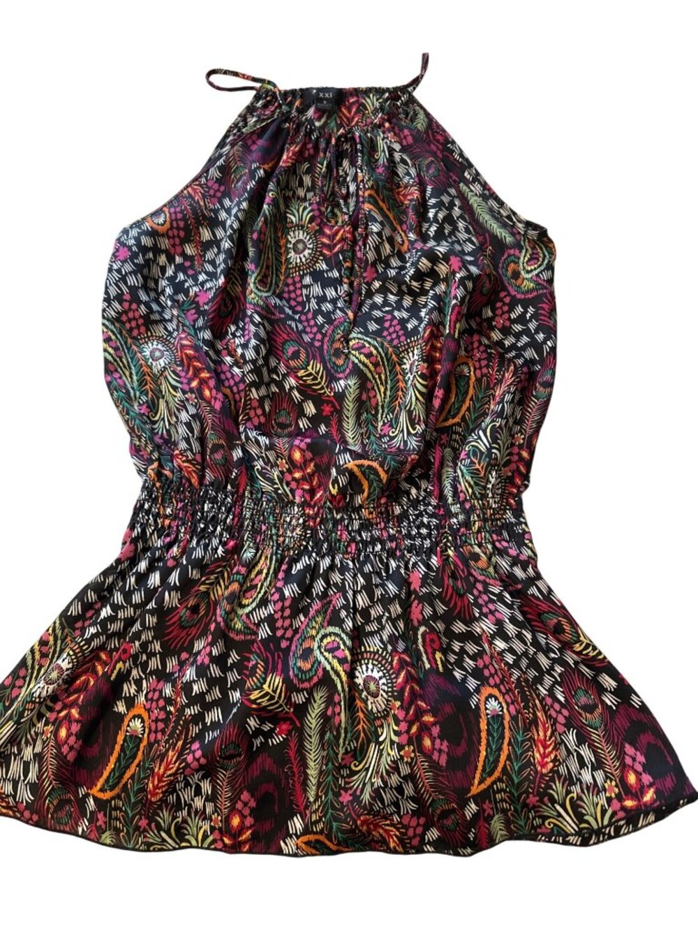 Multicolor Boho Print Sleeveless Halter Top With Smocked Waist Adjustable Straps